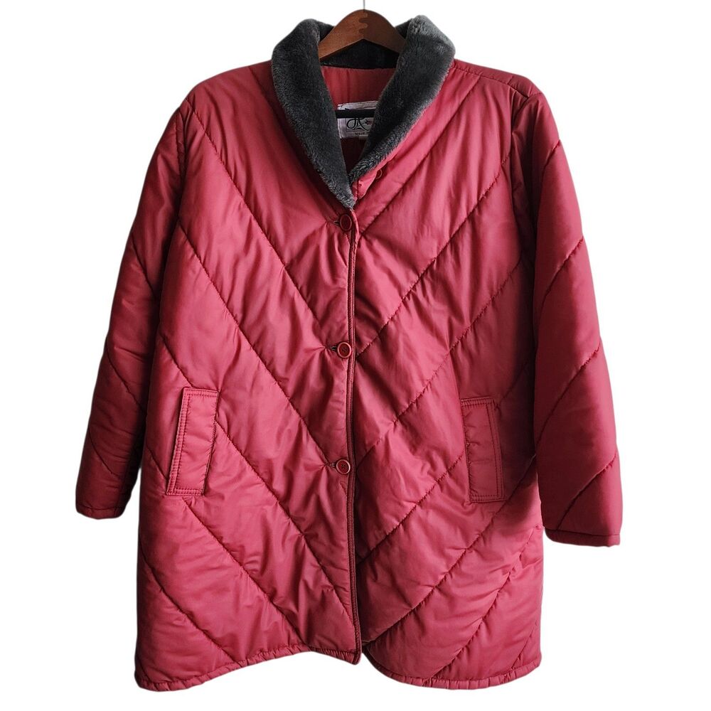 Vtg 80s HABAND FOR HER Quilted Puffer Coat Nylon Faux Fur Collar 42 Made In USA